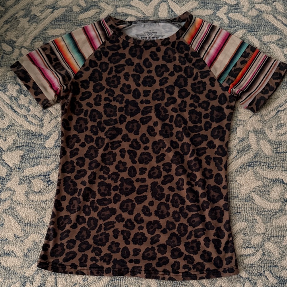 Crazy Train Brown Leopard Print Top with Multi-Color Striped Sleeves